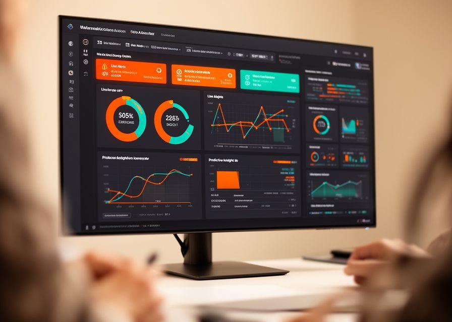 A modern analytics workspace showing layered dashboard charts, live alerts and predictive panels on wide screens