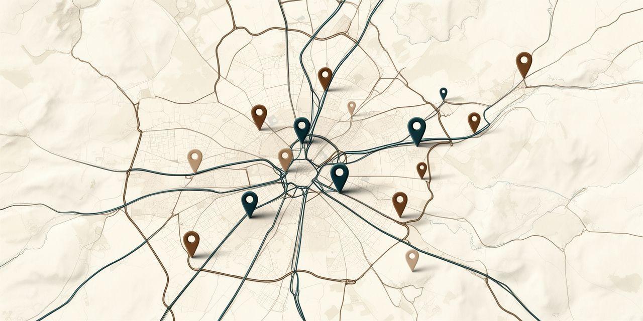 A refined map-style view inspired by Sandwell with route lines, location pins and a calm business district feel