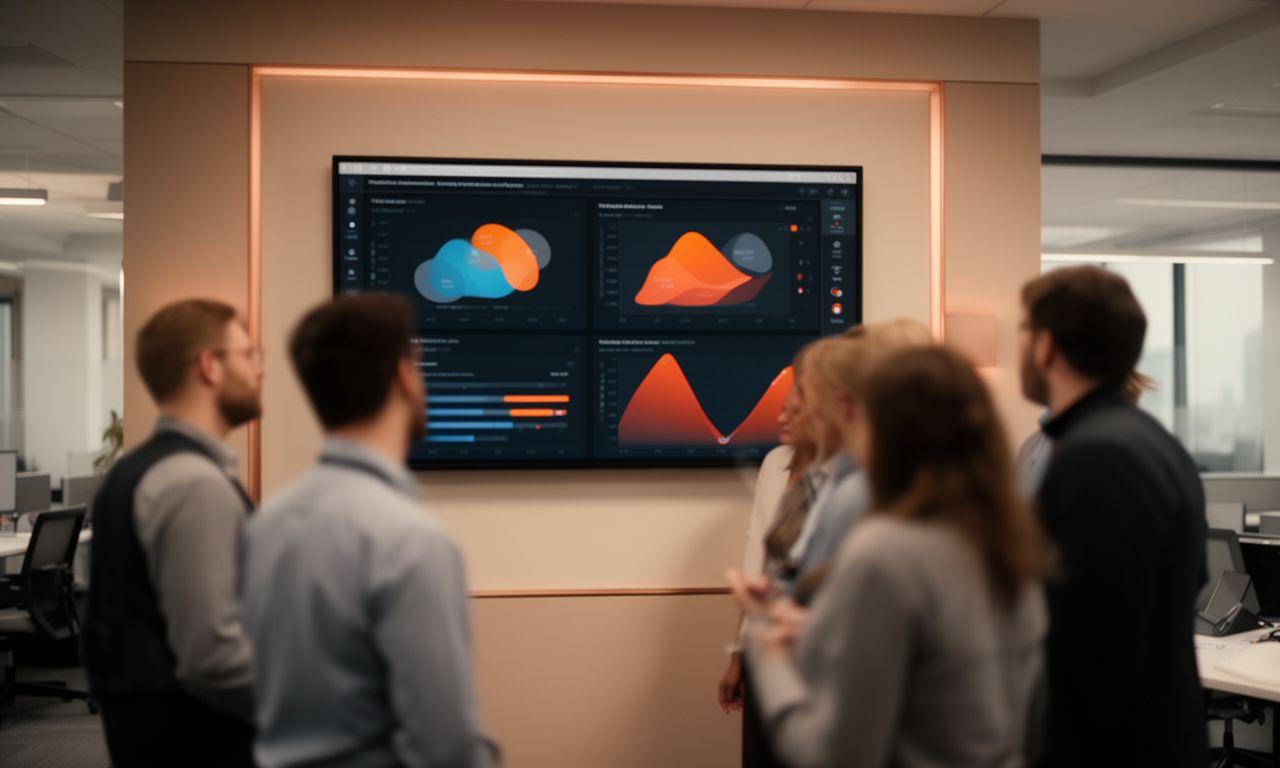 Operations team reviewing live dashboards on a wall display in a modern UK office