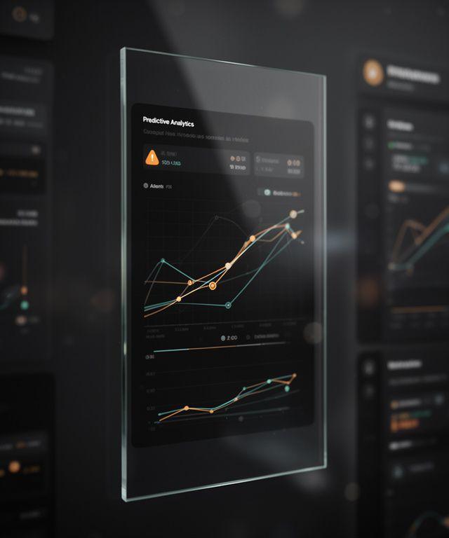 Close-up of a predictive analytics dashboard with charts, alerts, and trend lines in a dark glass interface
