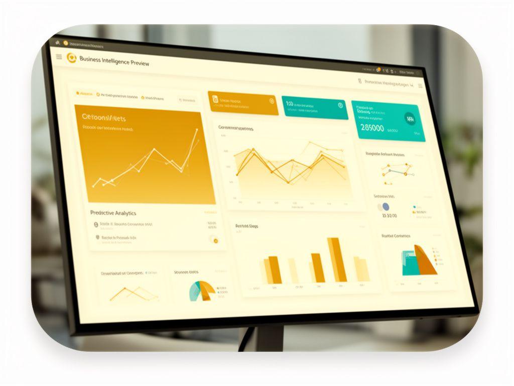 Interactive business intelligence dashboard on a wide monitor showing forecasts, KPIs, and live operational alerts