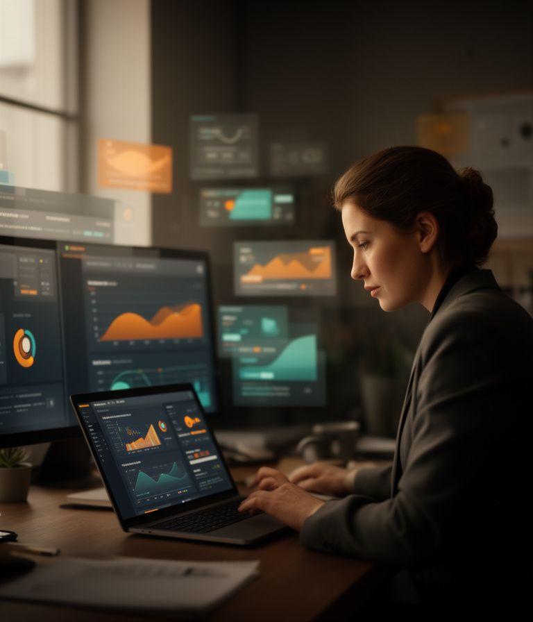 Compliance analyst reviewing privacy controls on a dashboard in a modern office