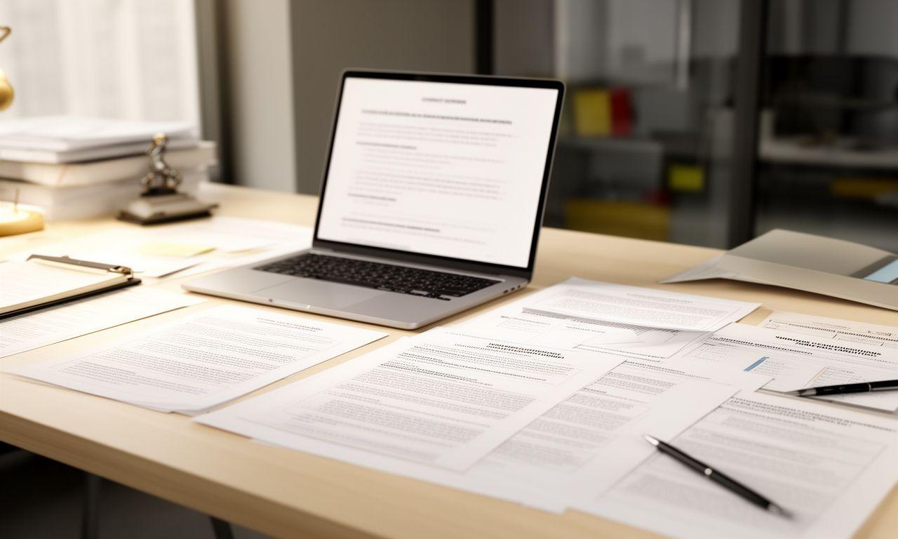 A legal review workspace with printed contract pages, a laptop and soft daylight in a modern office